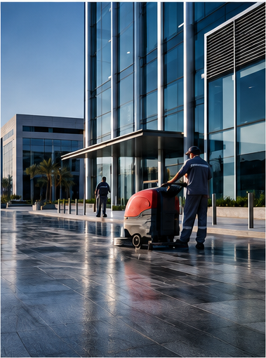 Professional cleaning team maintaining a modern commercial facility